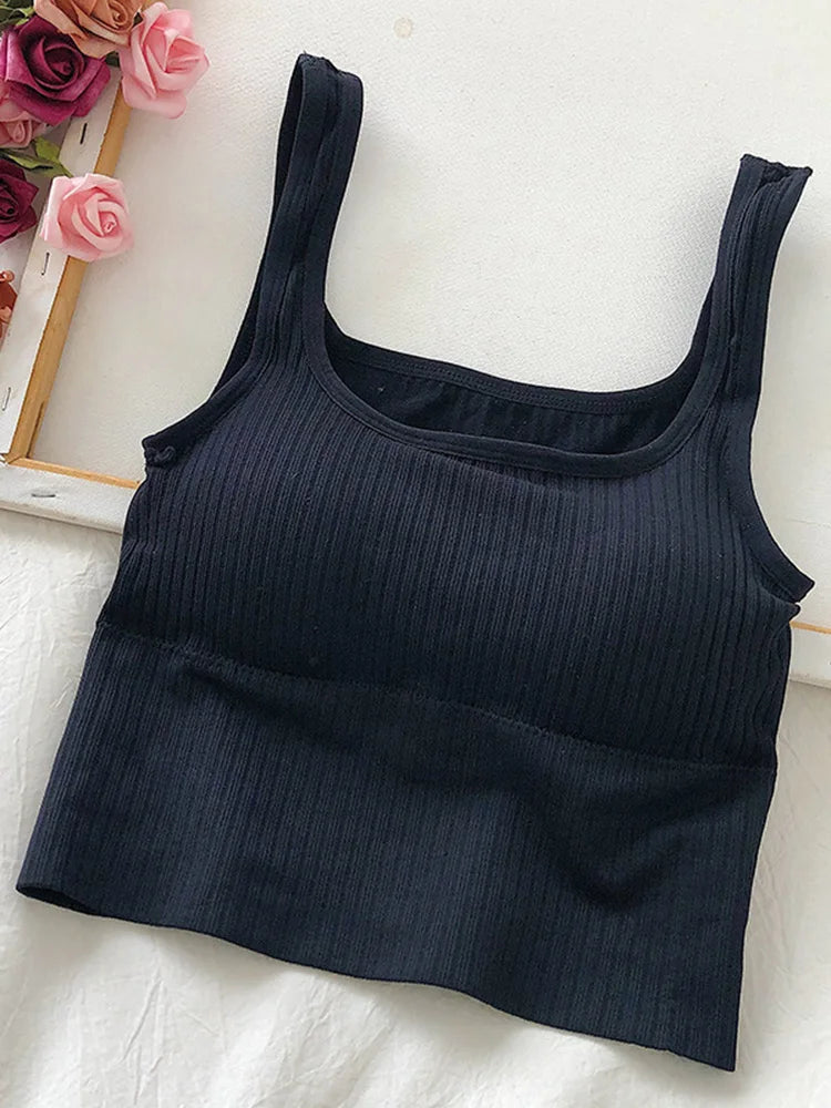 Summer Crop Top Women Seamless Square Collar Wide Straps Tank Top Knitted Striped Camisole Solid Corset Top Female Black one size for 40-65kg