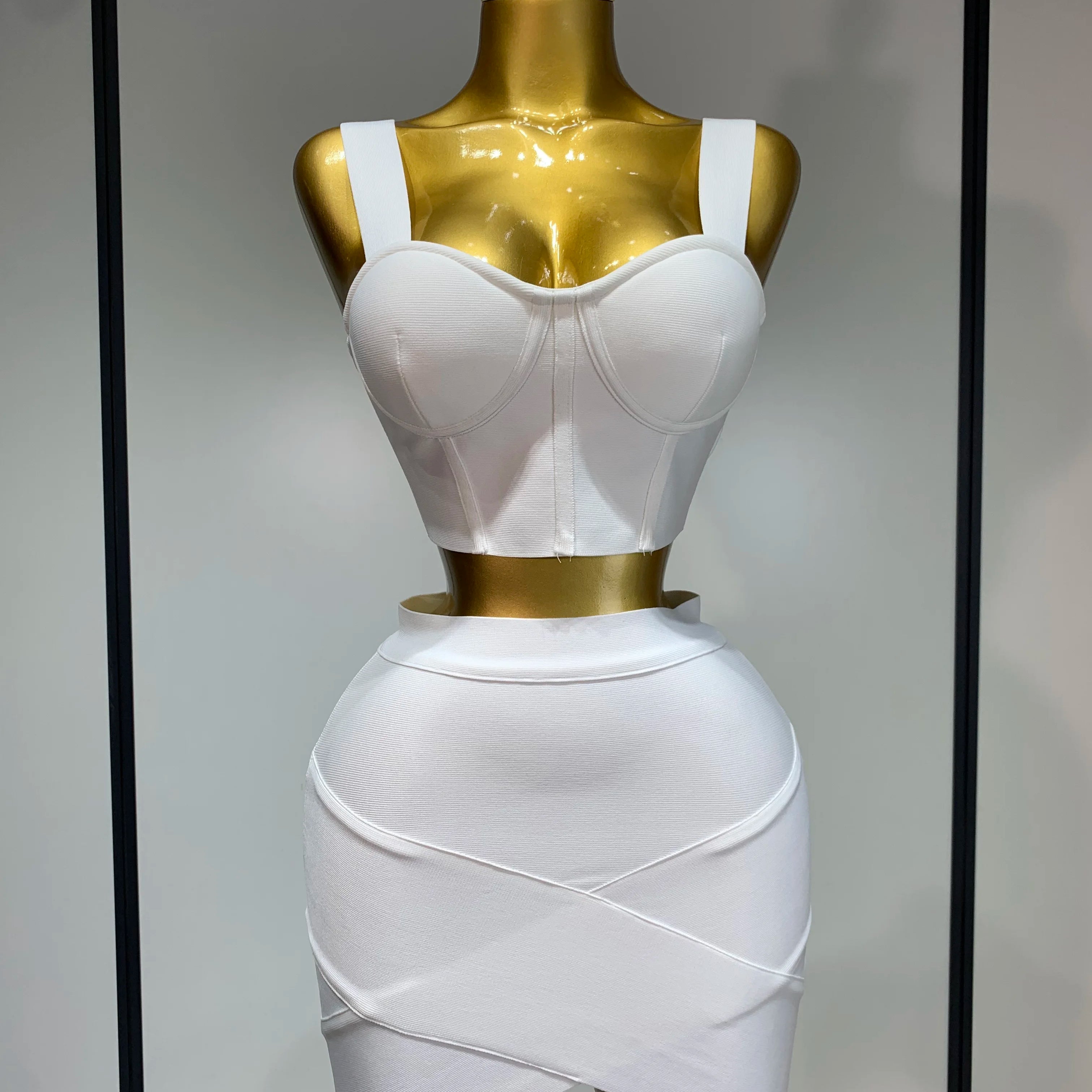 Women Sexy Top Short Skirt Bodycon Bandage Two Pieces Sets White Black 2025 Evening Party Luxury Birthday Outfit Nightclub Suits