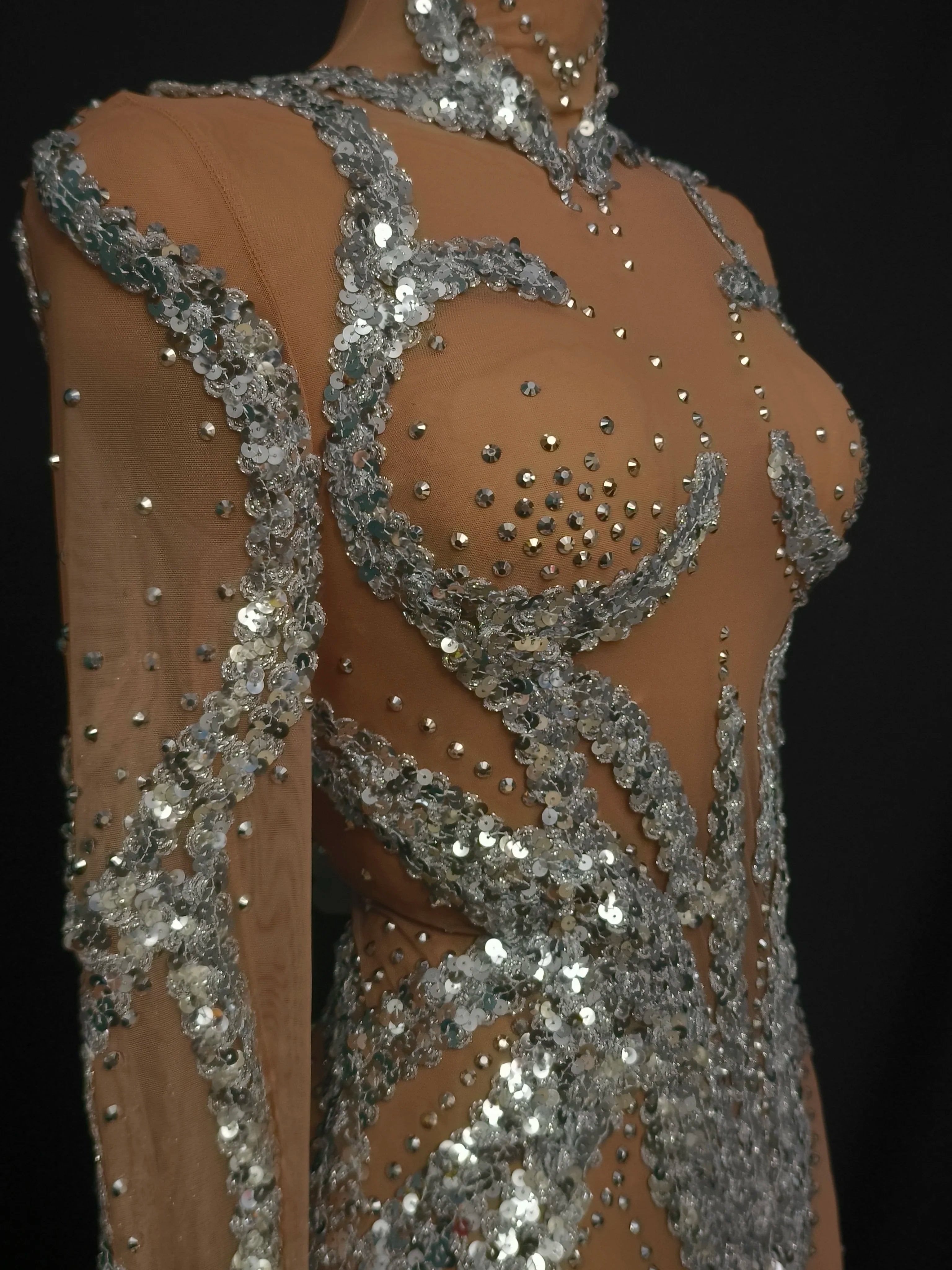 Women Sexy Mesh Crystal Nude Stretchy Long Sleeve Night Club See Through Singer Dancer tage Costume Mini Party Dress