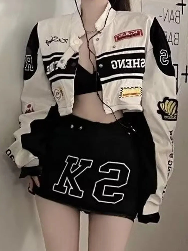 Spring Detachable Motorcycle Racing Jacket with Skirt Separation Set Women Vintage Motor Autumn Coat Korean Y2K Harajuku Clothes