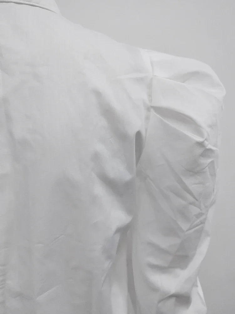 DEAT Fashion Women's Shirt Long Puff Sleeves Lapel Single Breasted White Cotton Straight Blouse Autumn New Tide 7AB1171