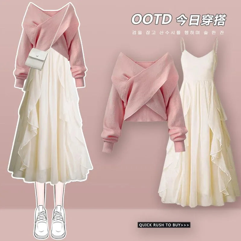 Women's Spring Autumn Fashion Cross Knitted Sweater+Strap Dress Two Piece Korean Elegant New in Matching Set Femlae Skirt Set 02