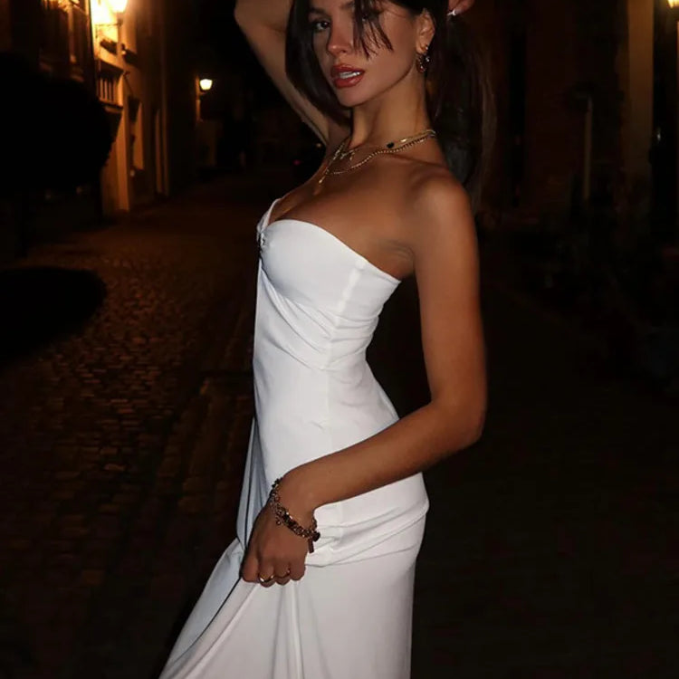 Mozision Metal Button Strapless Backless Long Dress Women Fashion Hollow Out Off-shoulder Sleeveless Bodycon Party Midi Dress