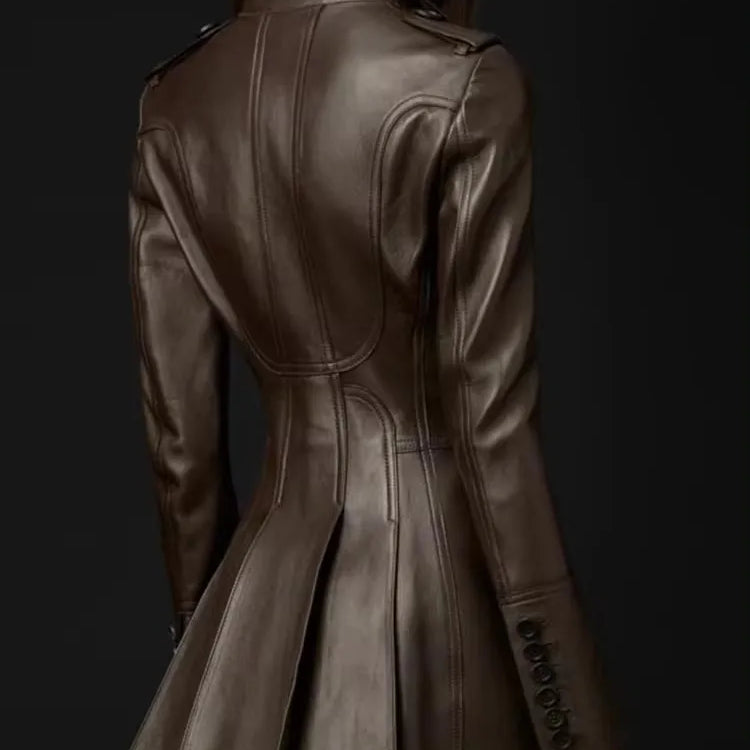 Autumn Fitted Coffee Skirted Pu Leather Blazer Jacket Women Long Sleeve Double Breasted High Quality European Fashion Brown