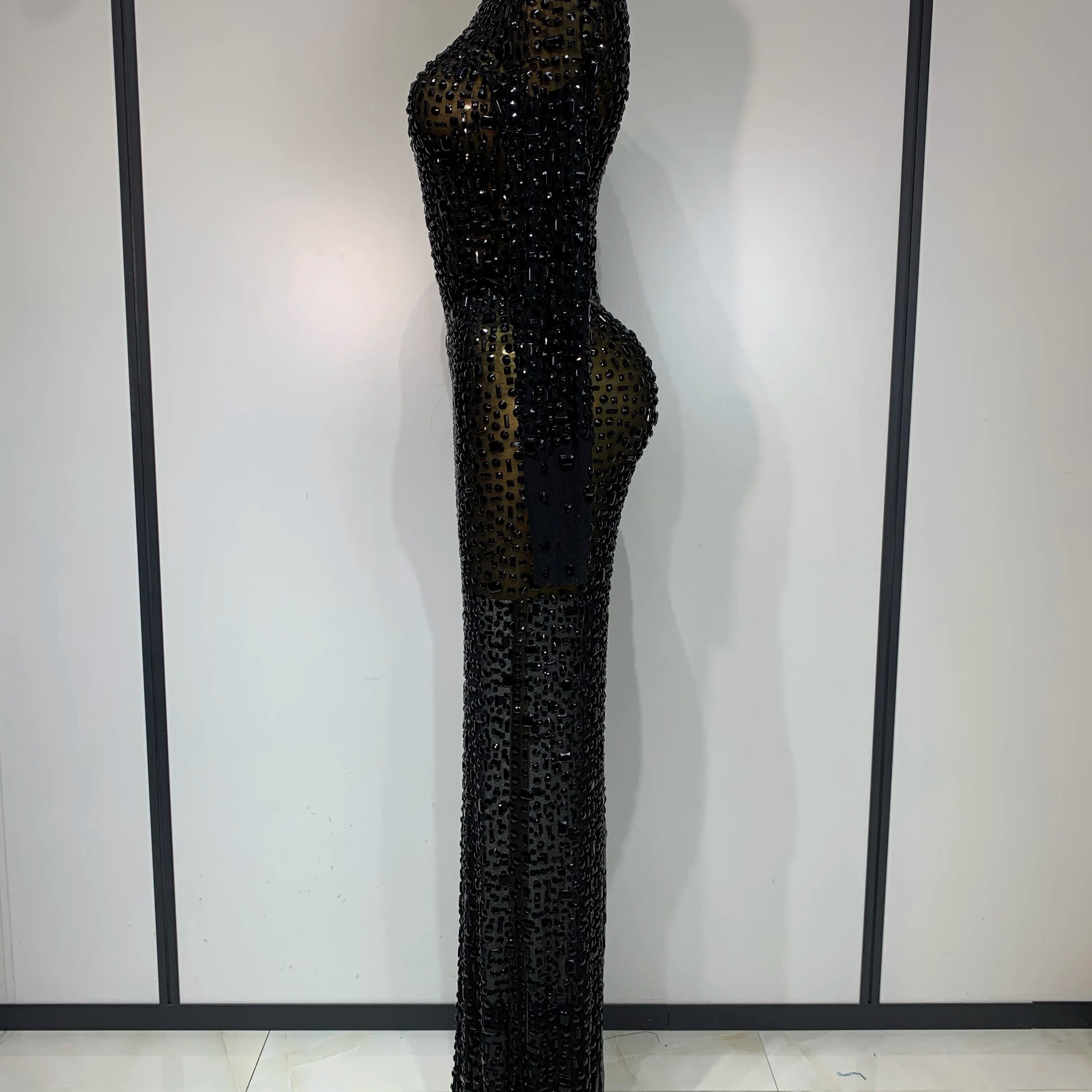Sparkly Luxury Rhinstones Long Sleeve Elegant Party Dress Women 2025 Performance Stage Outfit Evening Birthday Prom Gown