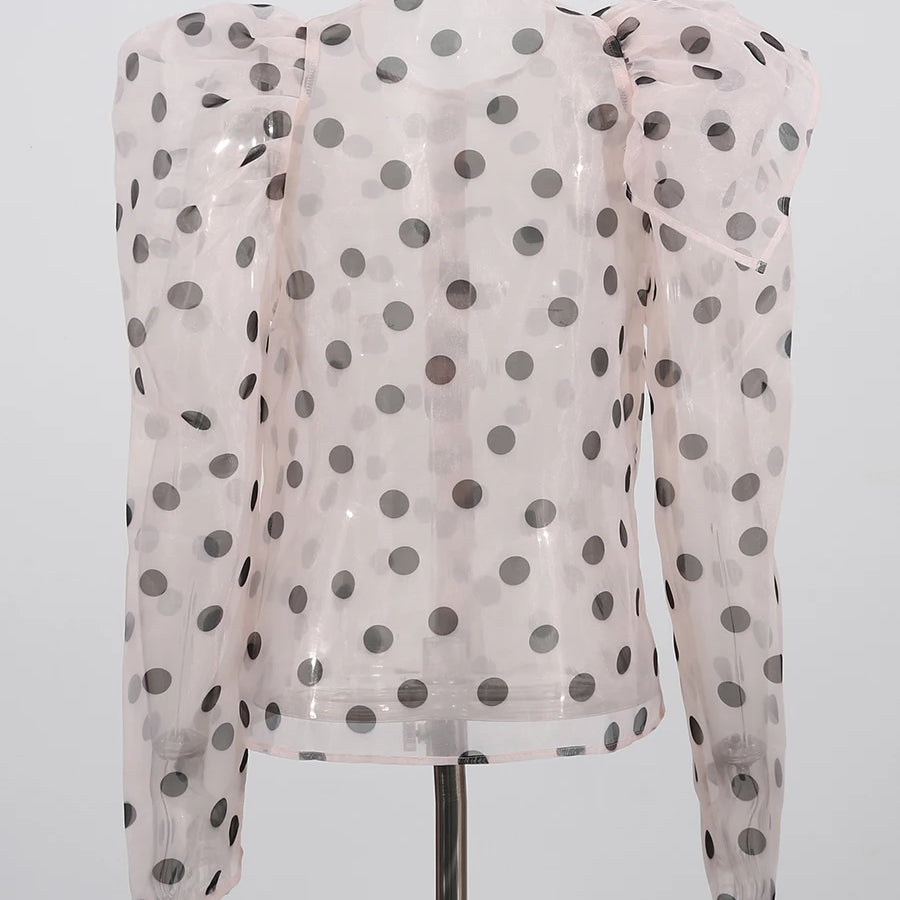 TWOTWINSTYLE Hit Color Sheer Spliced Wave Point Two Piece Sets for Women Round Neck Long Sleeves Top High Waist Skirt Set Female