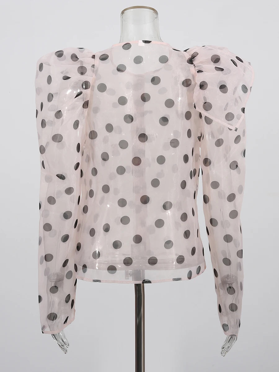 TWOTWINSTYLE Hit Color Sheer Spliced Wave Point Two Piece Sets for Women Round Neck Long Sleeves Top High Waist Skirt Set Female