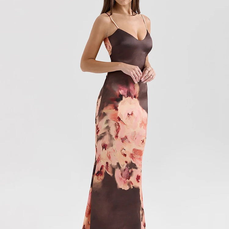 Satin Floral Print Sexy Maxi Dress Women Gown Elegant Spaghetti Strap Sleeveless Backless Bodycon Evening Club Dress