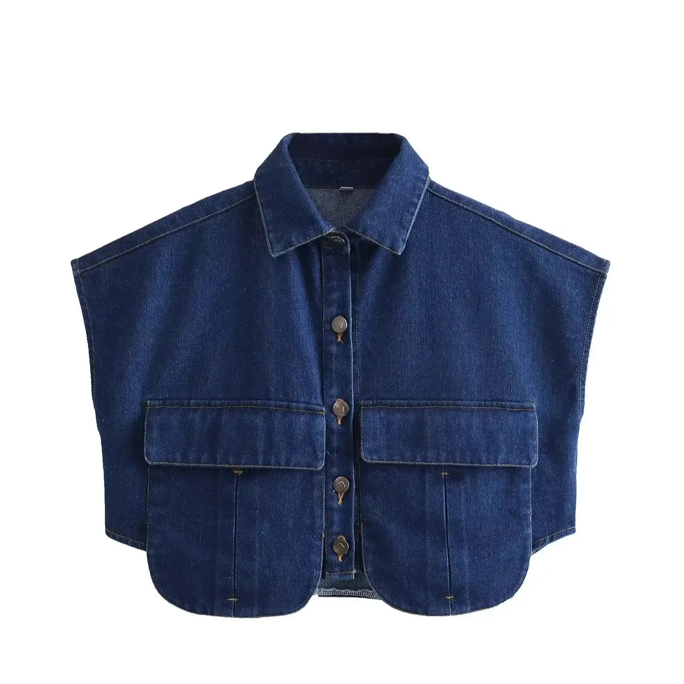XNWMNZ Women Fashion Pockets Cropped Denim Shirts Sexy Sleeveless Button-up Female Blouses Blusas Chic Top picture colour