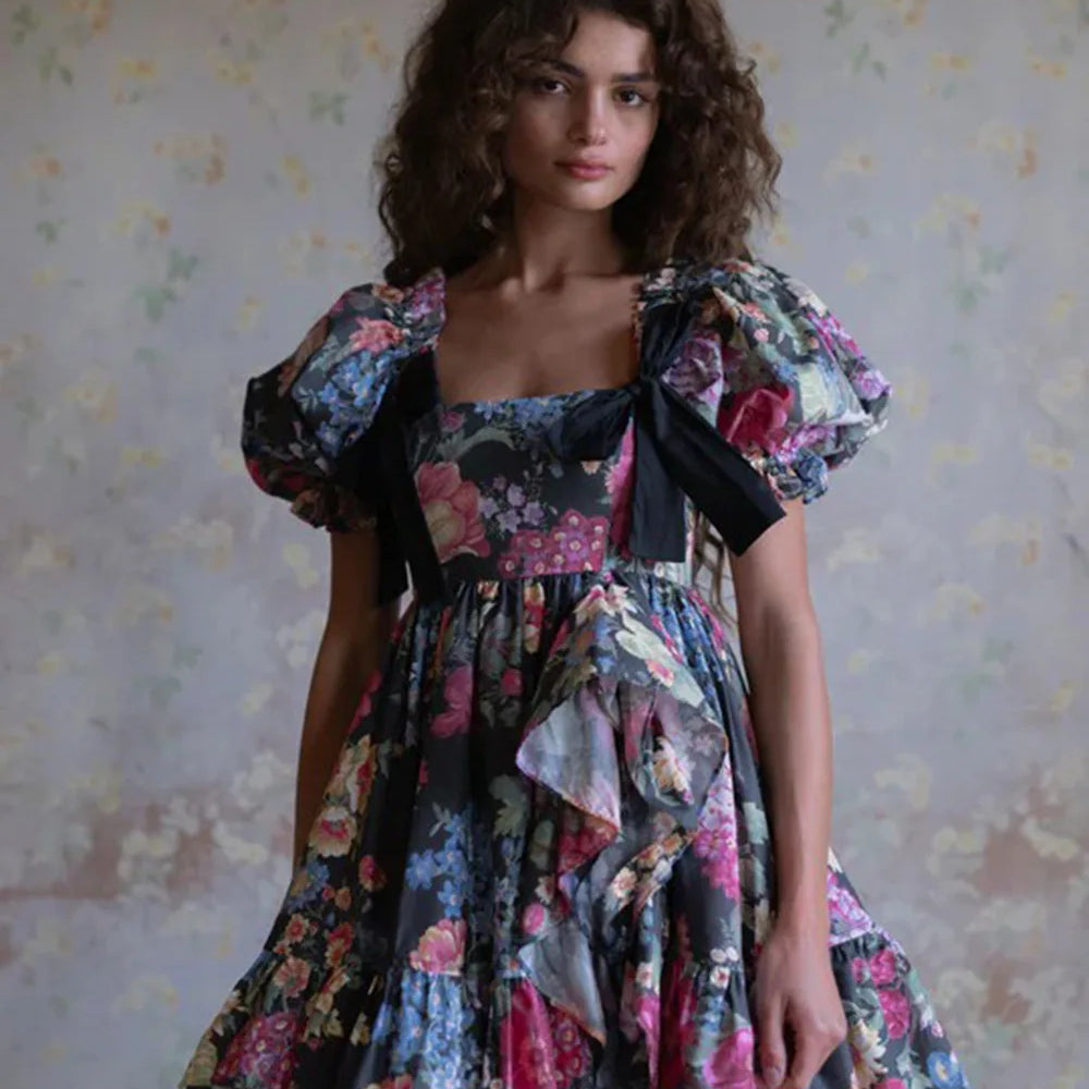 Women Short Sleeve Square Collar Ball Gown Mini Dress Print Color Celebrate Girls's Vacation Celebrate Birthday Outfit