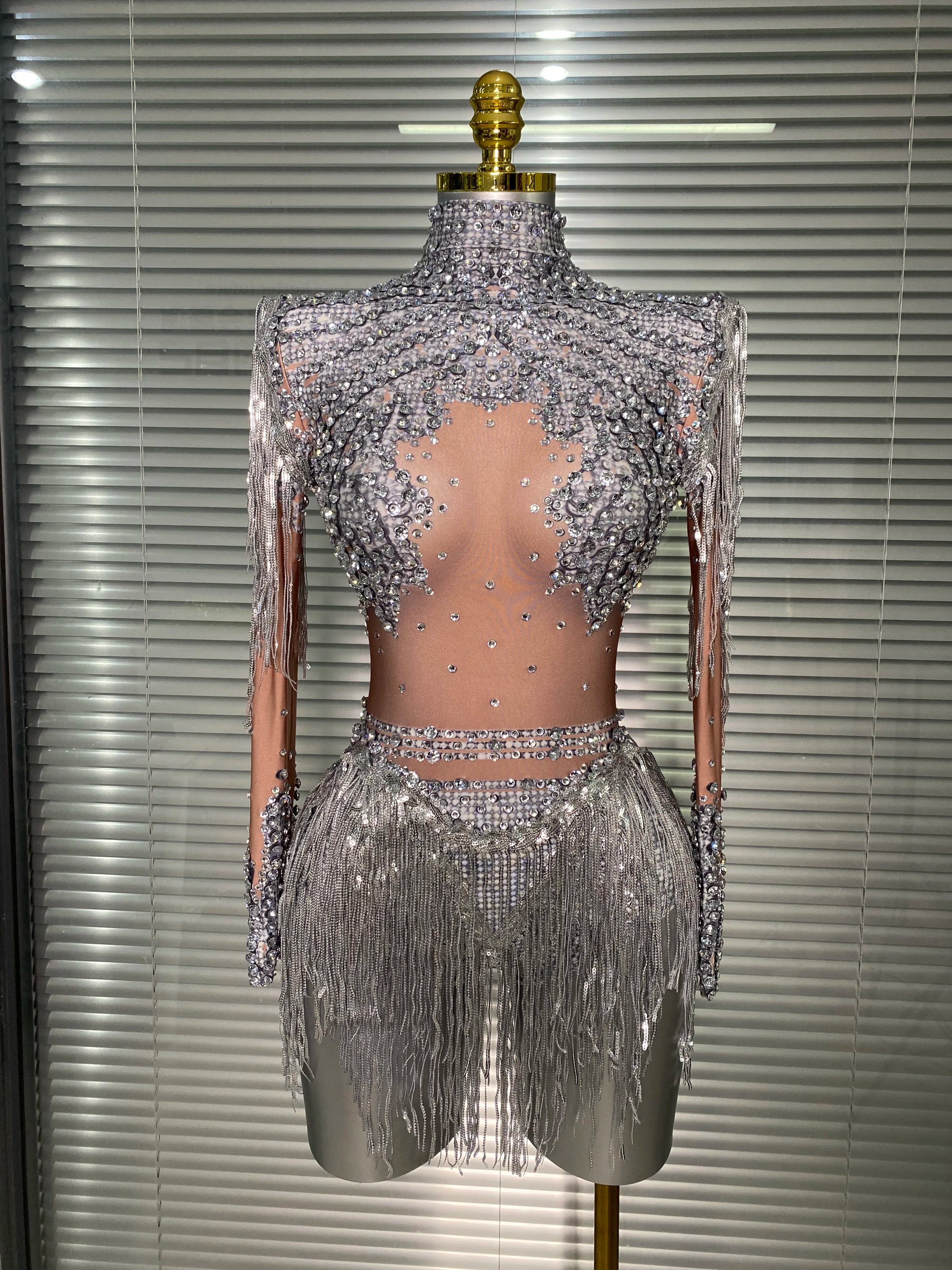 Women Sexy Skin Whtie Red Gold Crystal Stretchy Night Club Singer Dancer Tassel Dancer Red Stage Costume Party Bodysuit