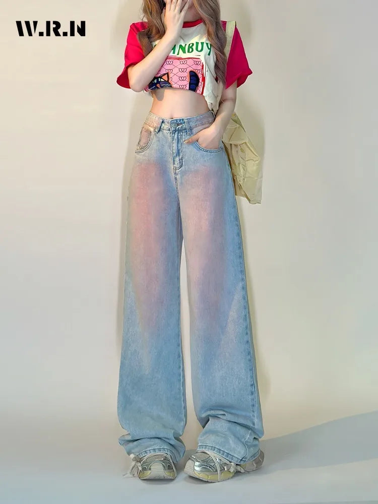 Korean Women's Wide Leg Baggy Y2K 2000s Denim Trouser Fashion Sweet Casual High Waist Pants High Street Blue Straight Jeans Blue
