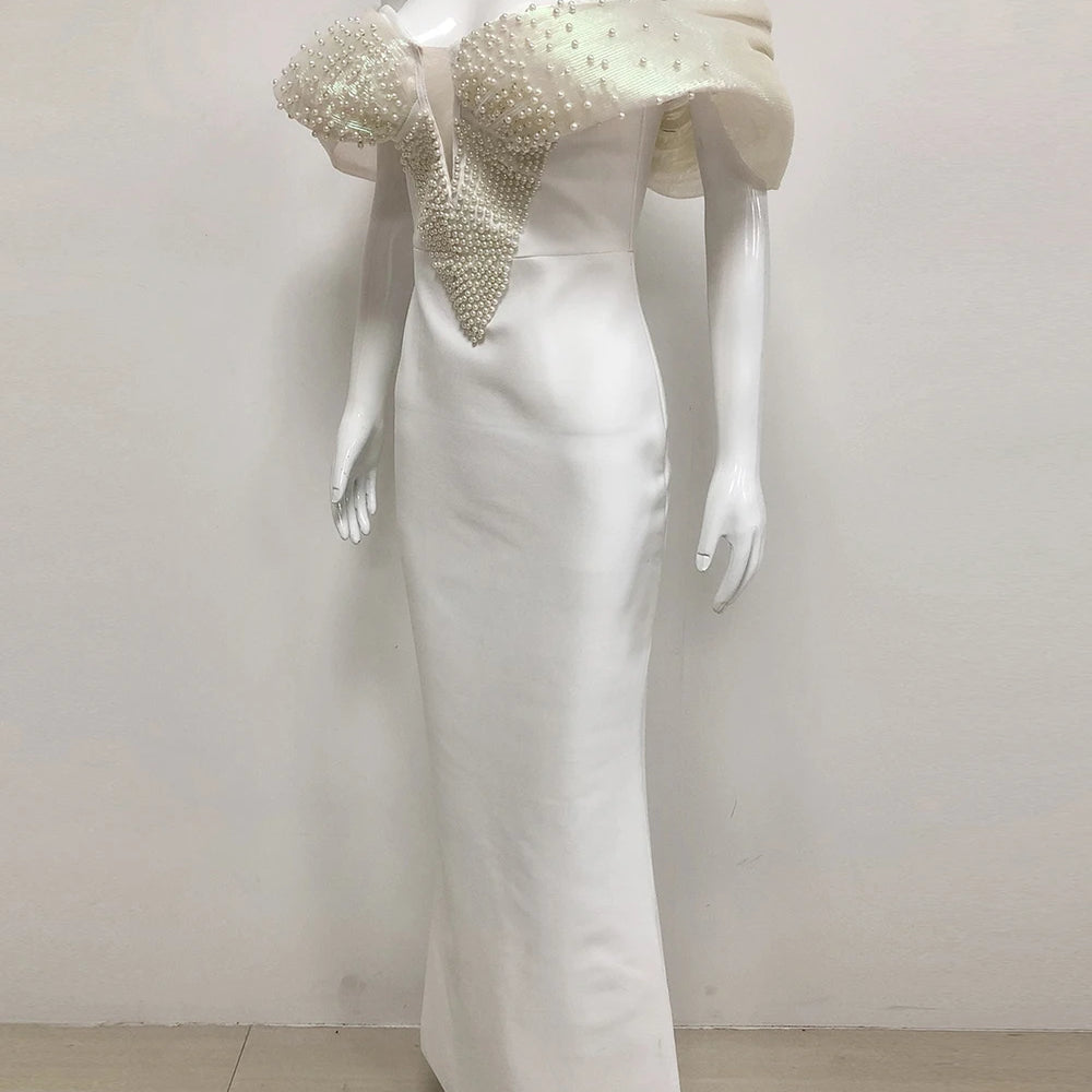 Women Sexy Pearl Beading Tight Maxi Bandage Dress Off The Shoulder Patchwork Bodycon Clothes Club Evening Party Elegant Gown