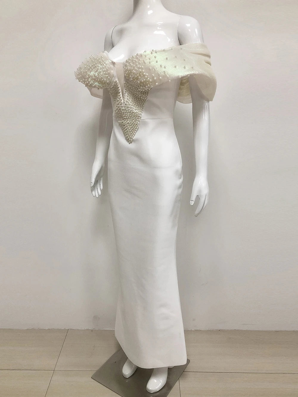 Women Sexy Pearl Beading Tight Maxi Bandage Dress Off The Shoulder Patchwork Bodycon Clothes Club Evening Party Elegant Gown