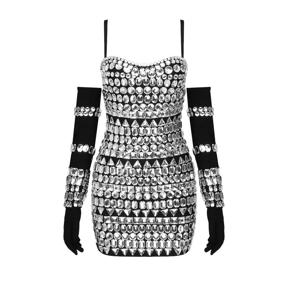 TWOTWINSTYLE Detachable Gloves Dress Square Collar Sleeveless High Waist Slimming Patchwork Diamond Mini Dress Female Fashion Black