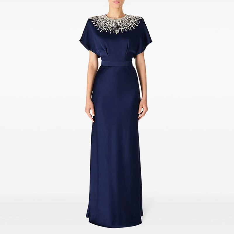 TWOTWINSTYLE Solid Slimming Spliced Bead Luxurious Dresses for Women Round Neck Short Sleeves Tunic Elegant Dress Female Fashion