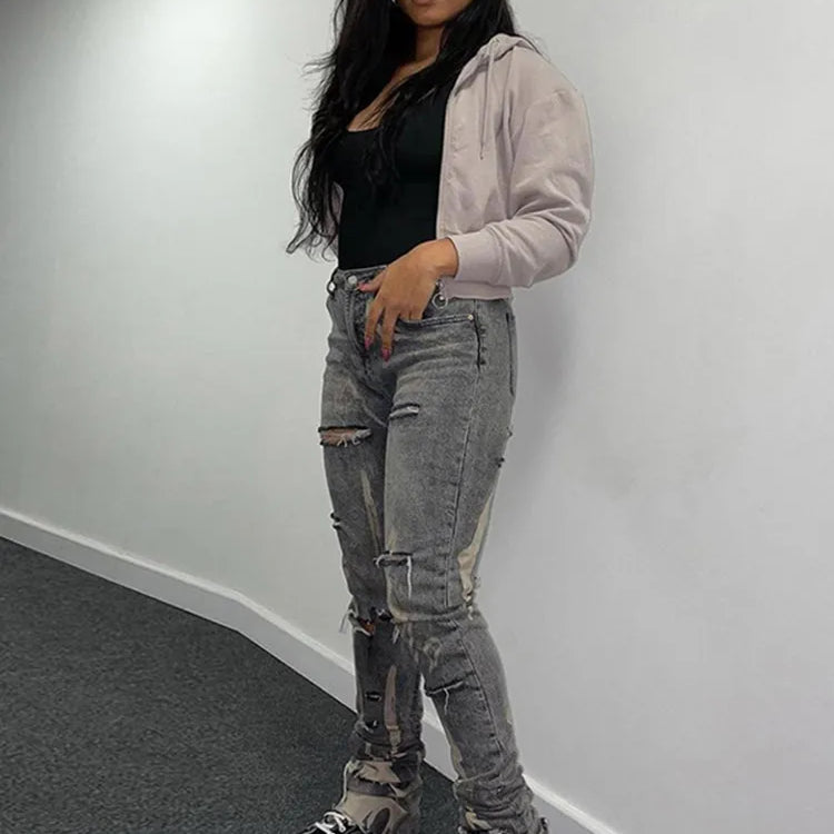 Casual Ripped Hole Jeans Women Fashion Gray Print High Waist Denim Skinny Trousers Streetwear Bottoms Y2K Stacked Pants
