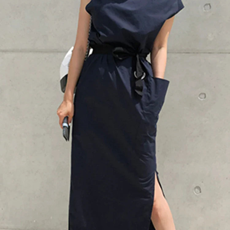 TWOTWINSTYLE Asymmetrical Sashes Dress For Women Slash Neck Short Sleeve High Waist Casual Dresses Female Fashion New Clothing
