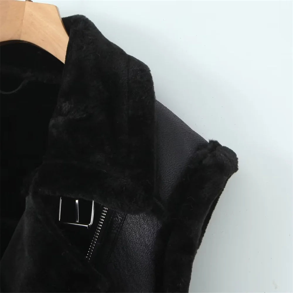 Fashion and Casual Polo Collar Zipper Fur Integrated Vest Coat