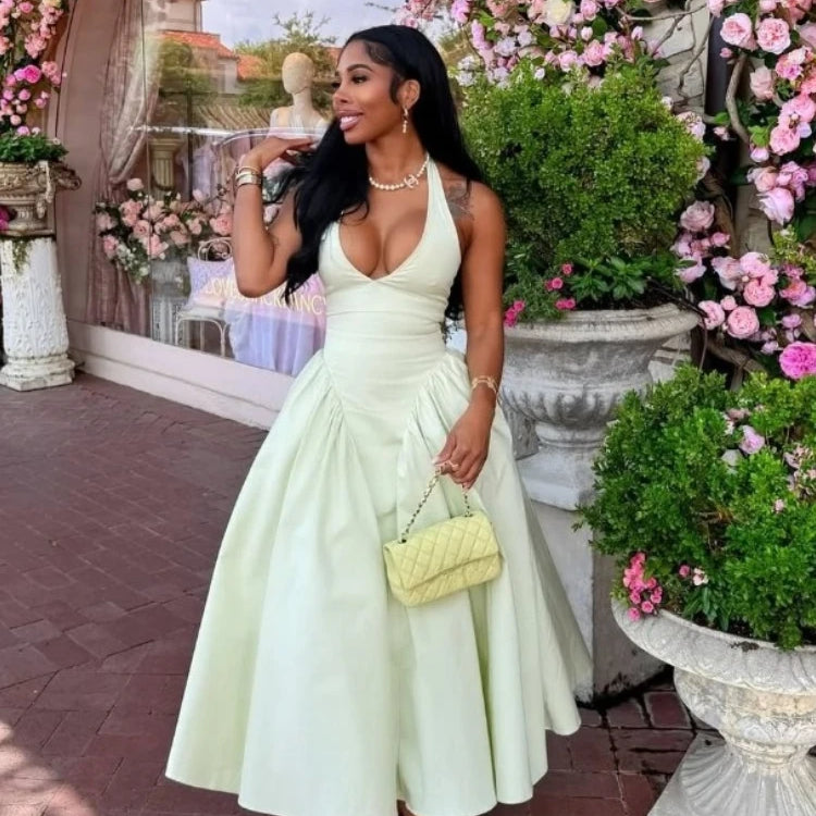 CM.YAYA Women Halter V-neck Backless Sleeveless Big Swing Bodycon Mid Maxi Long Dress 2025 Vacation Sexy Party Evening Dresses