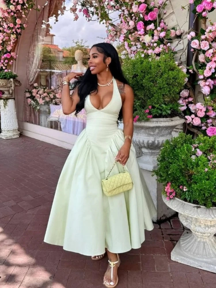 CM.YAYA Women Halter V-neck Backless Sleeveless Big Swing Bodycon Mid Maxi Long Dress 2025 Vacation Sexy Party Evening Dresses