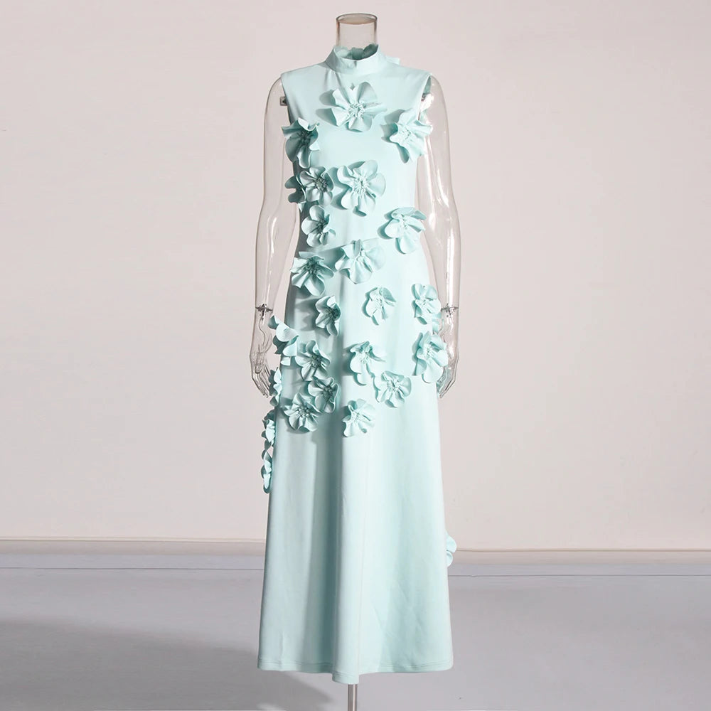 TWOTWINSTYLE Patchwork Appliques Chic Dress For Women Stand Collar Sleeveless High Waist Spliced Lace Up Elegant Dresses Female