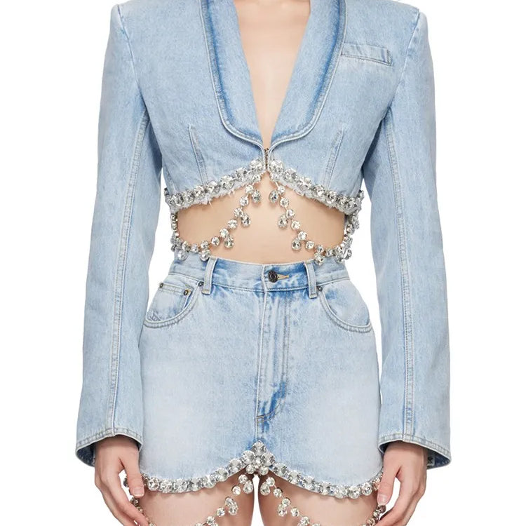 Spliced Diamonds Tassel Denim Two Piece Set For Women Lapel Long Sleeve Coat High Waist Mini Skirt Fashion Set