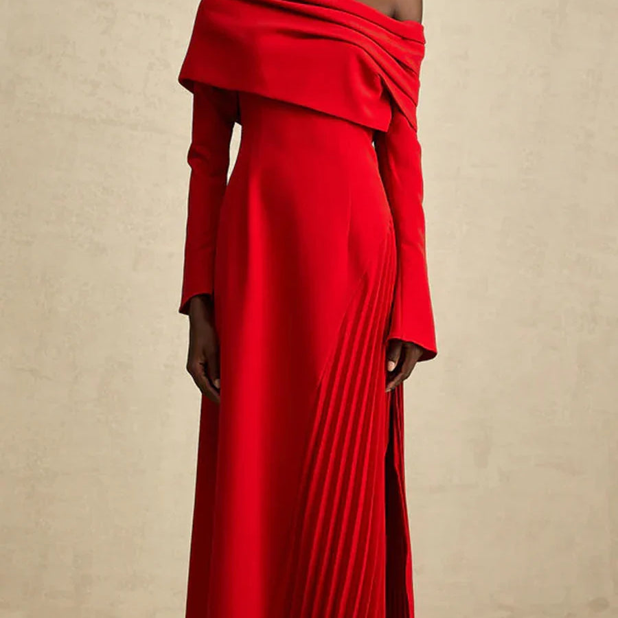 Solid Slimming Temperament Midi Dresses for Women Diagonal Neck Long Sleeves Minimalism Dress Female Clothing New