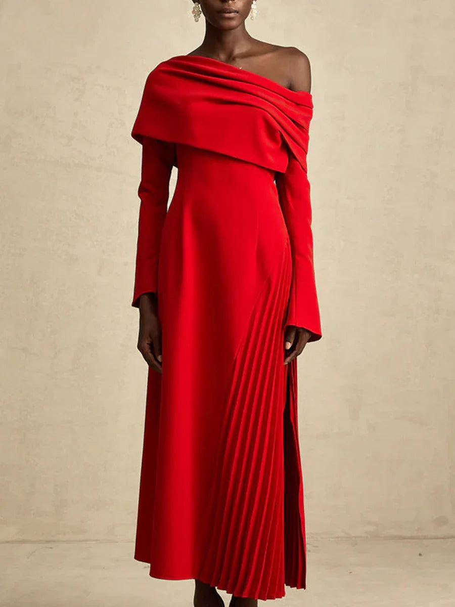 Solid Slimming Temperament Midi Dresses for Women Diagonal Neck Long Sleeves Minimalism Dress Female Clothing New