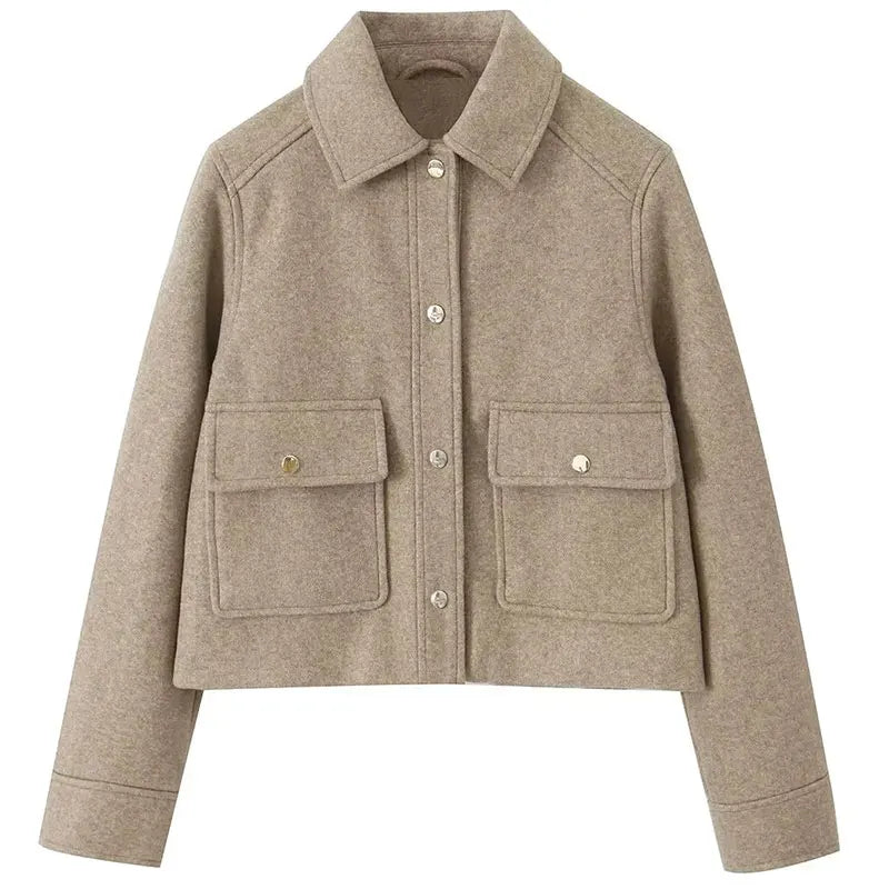 Women Fashion Woolen Coats Winter Trend Cotton White And Khaki Lapel Jackets Woman Warm Streetwear Mujer Casaco Y2k Khaki