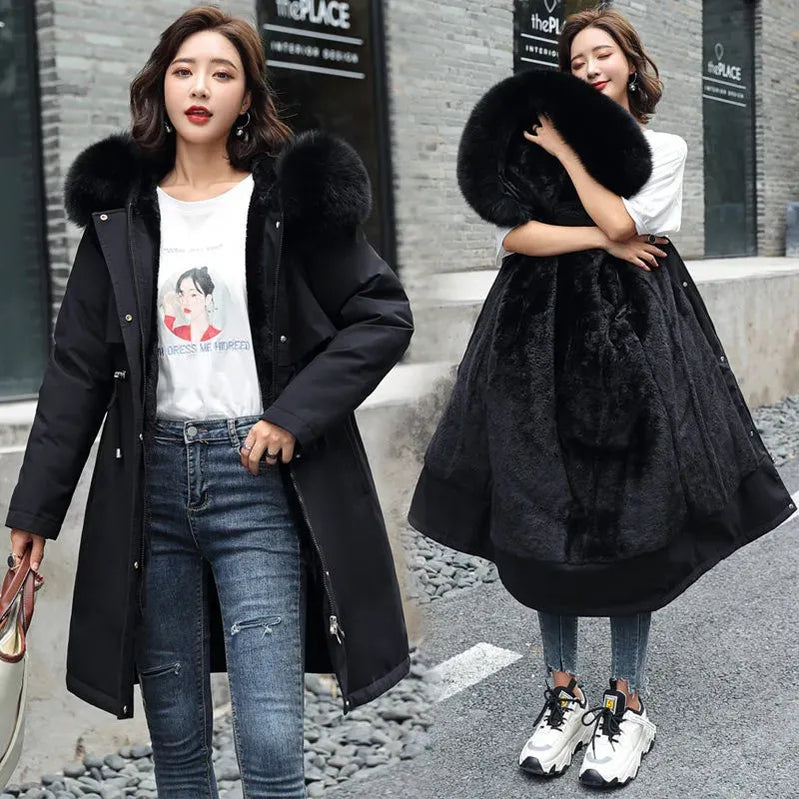 Winter Jacket Women Parka Clothes Long Coat Wool Liner Hooded Jacket Fur Collar Thick Warm Snow Wear Padded Parka black