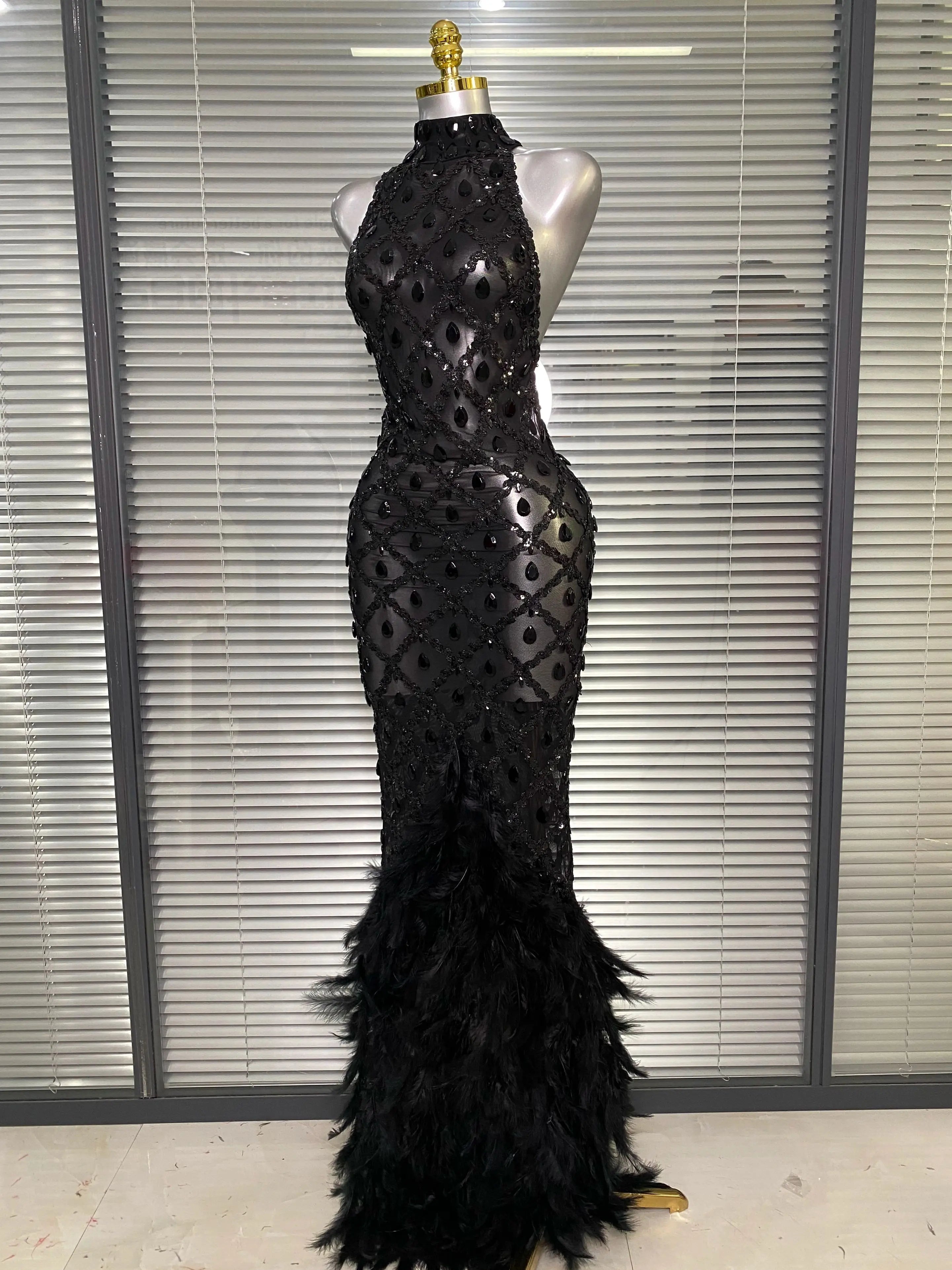 New Women Sexy Black Red Crystal Diamonds Maxi Dress Birthday Party Costume Elegant Singer Stage Performance Dress