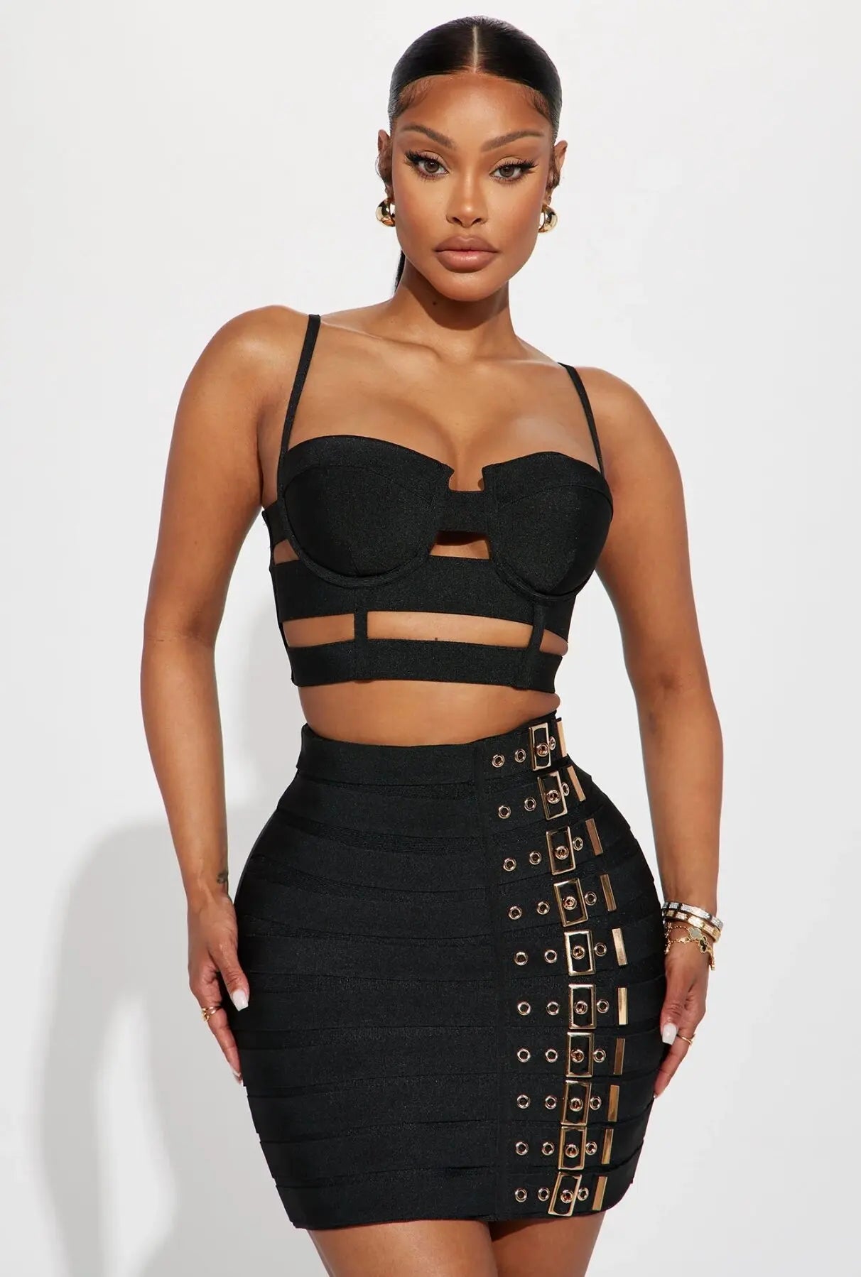2023 New Summer Black White Women Sexy Bandage Tops Belt Pencil Skirts Set Nightclub Party Celebrate Women's Set Wholesale