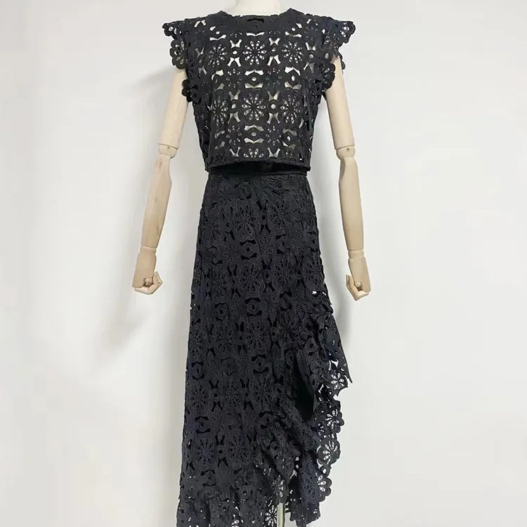 Hollow Out Embroidery Two Piece Set For Women Round Neck Sleeveless Top High Waist Split Skirts Elegant Sets Female