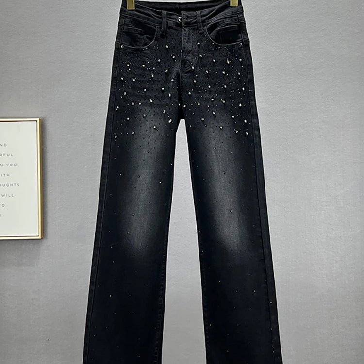 Women's Jeans High Waist Solid Color Sequins Diamond Loose Straight Wide Leg Denim Pants Winter Fashion