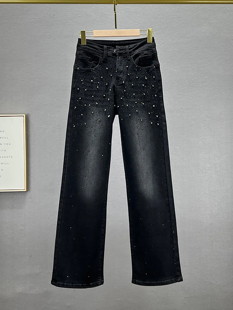 Women's Jeans High Waist Solid Color Sequins Diamond Loose Straight Wide Leg Denim Pants Winter Fashion