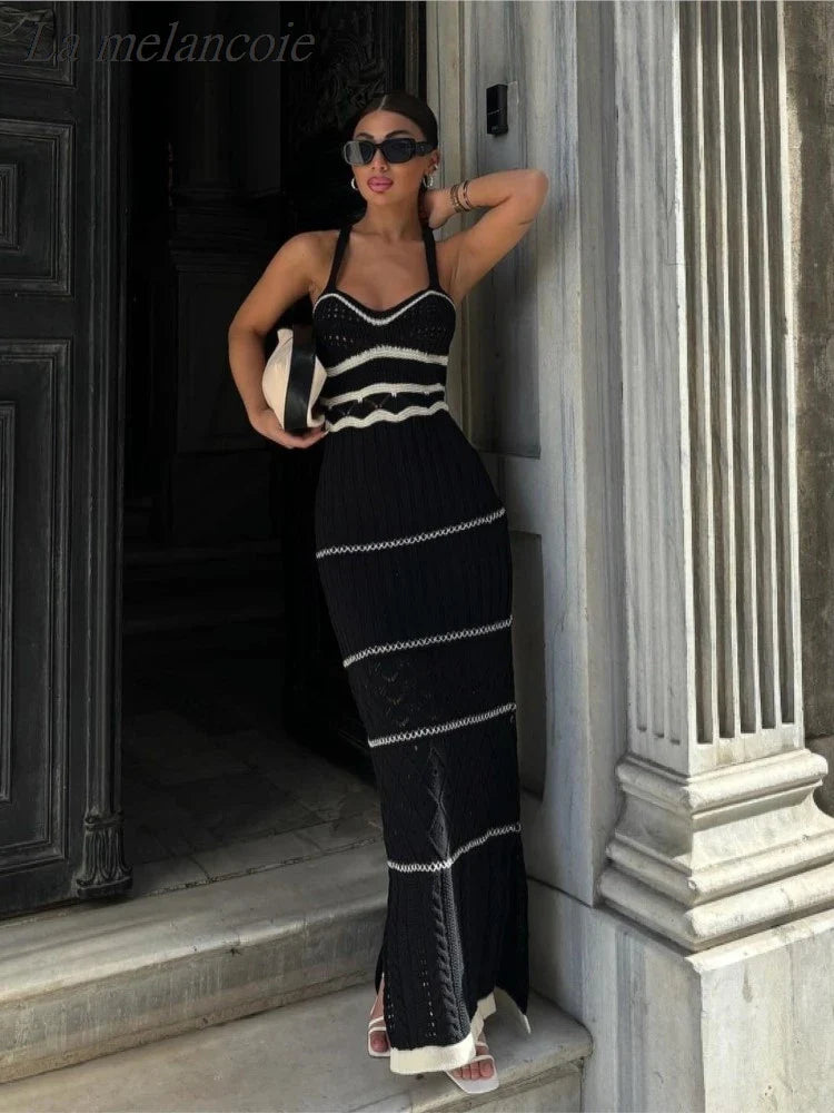Knitted Long Dress Women Sexy Hollow Out Slim Suspenders Dresses New Summer Sleeveless Backless Beach Holiday Party Dress black