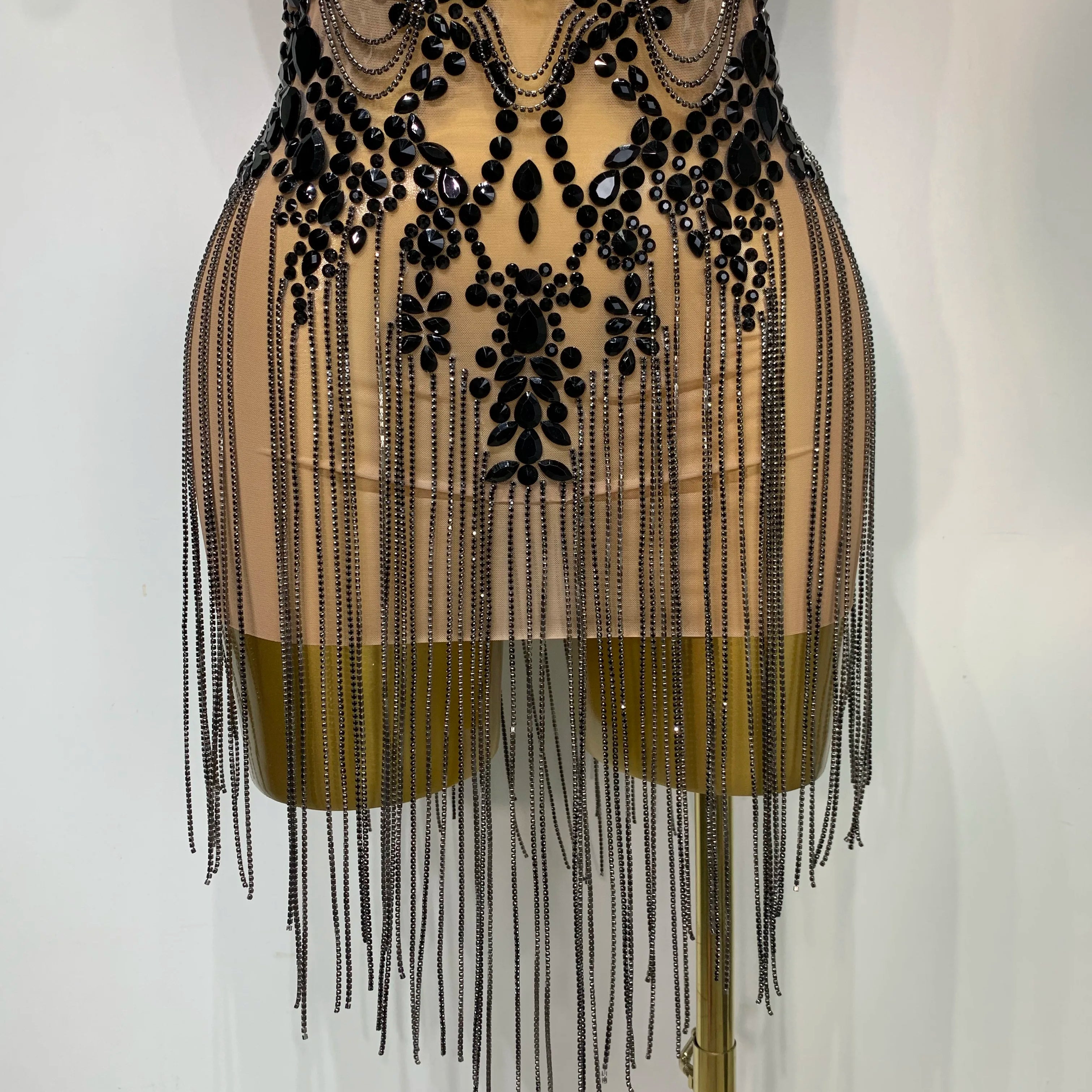 Luxury Rhinestones Chain Sleeveless Mini Dress Celebrity Elegant Sexy Performance Dance Nightclub Outfit Birthday Party Dress