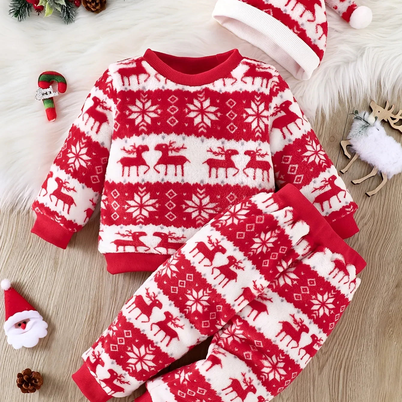 Winter Baby Flannel Suit Boys Girls Long Coat and Trousers Three-piece Christmas Style Cozy and Warm Red