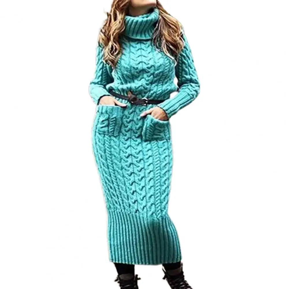 Korean Style Twist Knitted Long Dress Autumn Turtleneck Back Split Pockets Twisted Knit Casual Long Sweater Dress Lake Blue