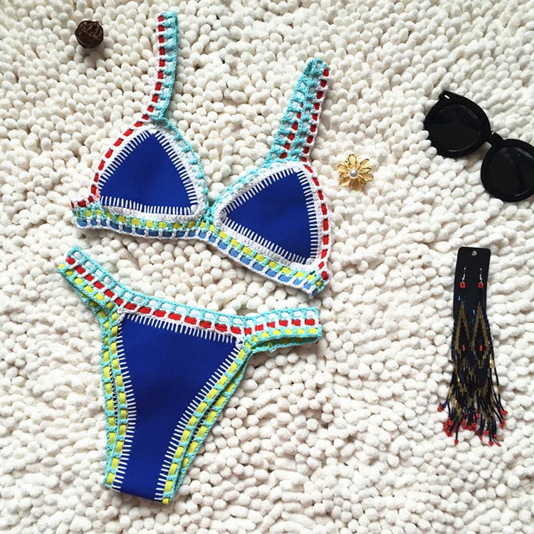 Knitted Bikini 2-piece Swimsuit for Women,summer Beach Vacation Bathing Suit,sexy Triangle Cup V-neck Suspender Swimwear blue 2