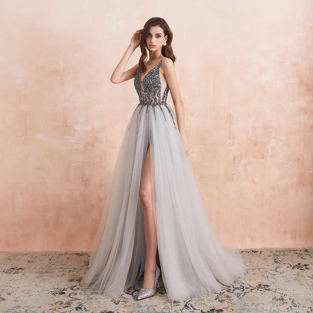 Sexy V Neck Evening Dresses for Women Green Crystal Beaded Beads Backless Prom Formal Gown