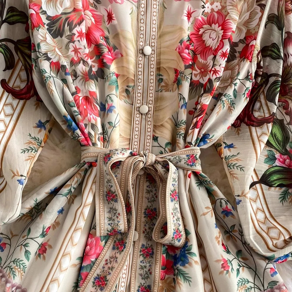 Holiday Flower Print Long Dress Women's Stand Lantern Sleeve Single Breasted Floral Print Belt Oversize Maxi Robe Vestidos 2063