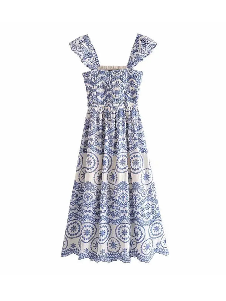TRAF Women Fashion Cutwork Embroidery Smocked Midi Dress Vintage Backless Ruffled Straps Female Dresses Vestidos Mujer as picture