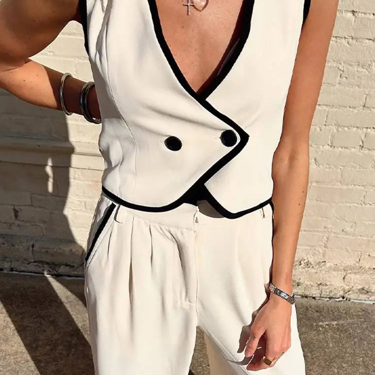 Womens Spliced V-neck Sleeveless Tank Top Suits Elegant Casual Pocket Wide Leg Pant Women 2 Piece Sets Vest Pants Outfit