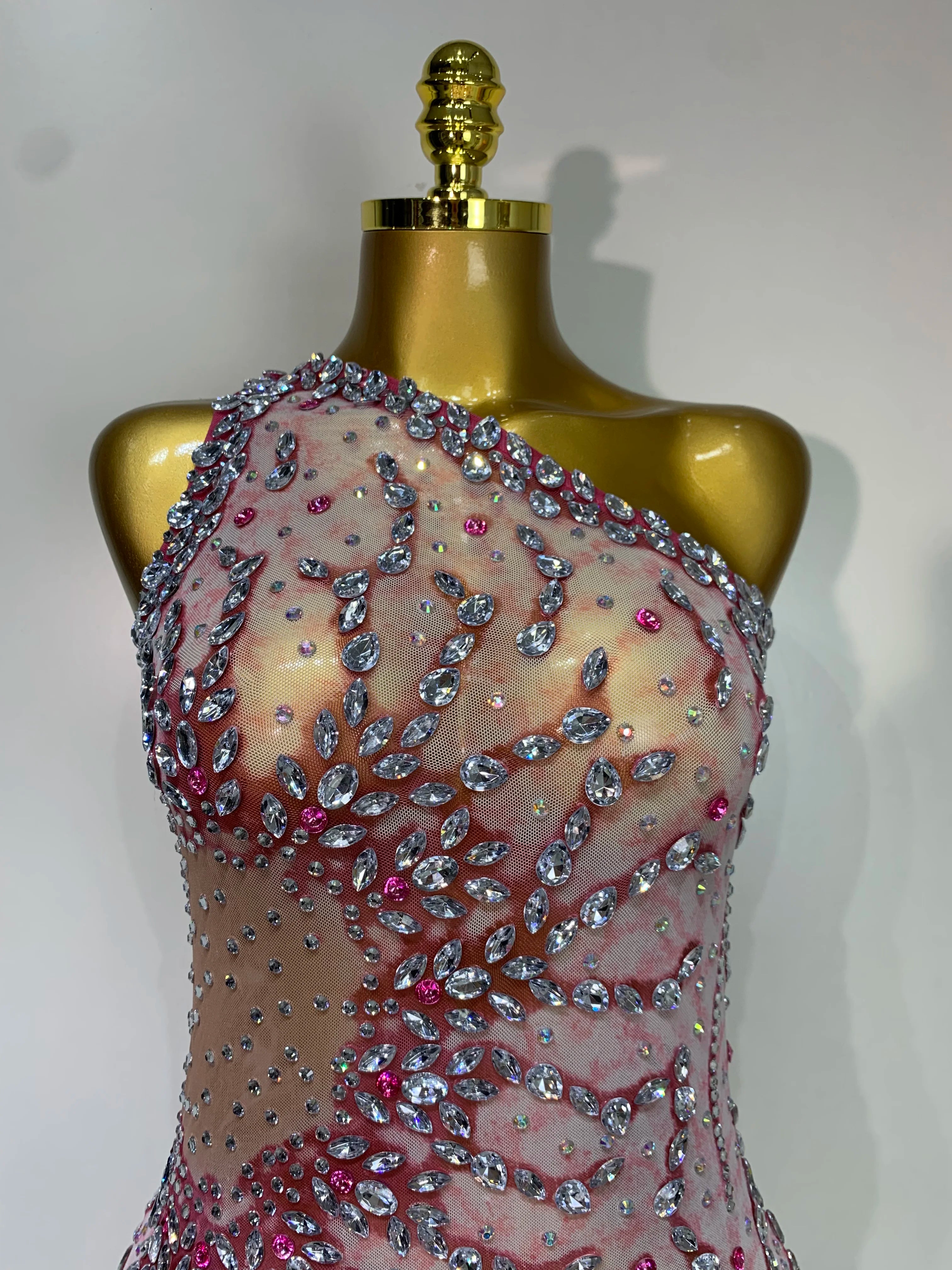 Women Sexy Mesh See Through Rhinestone Mini Dress Stage Dancer One Shoulder Stretch Night Club Party Birthday Dress Stage Outfit