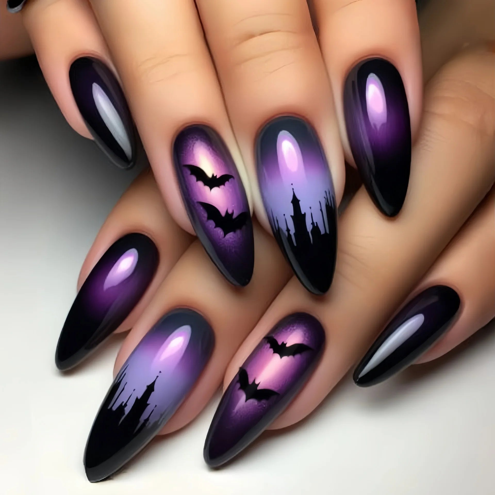 24pcs/set Short Medium fake nails for Halloween party Dead trees and crows bat Night sky Square almond tips press on false nail