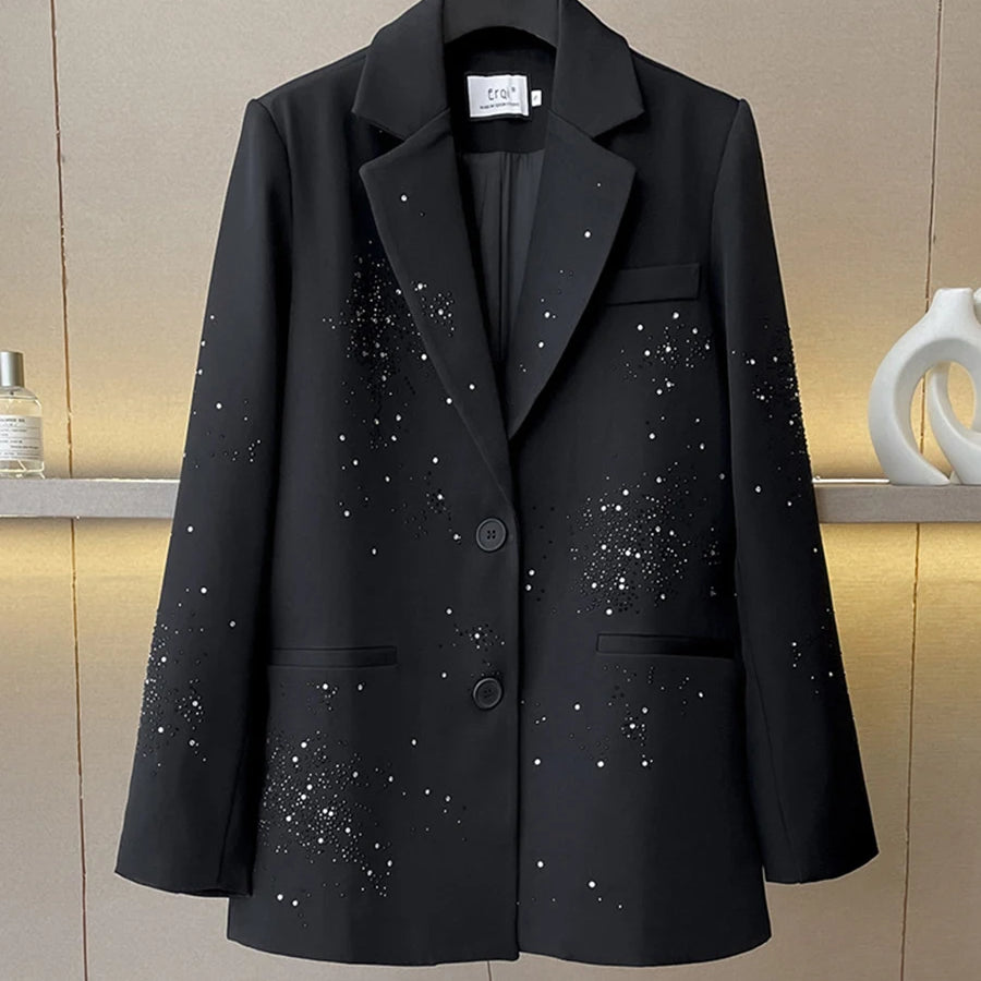 TWOTWINSTYLE Solid Loose Spliced Bead Fashion Blazers for Women Lapel Long Sleeves Patchwork Single Breasted Blazer Female New