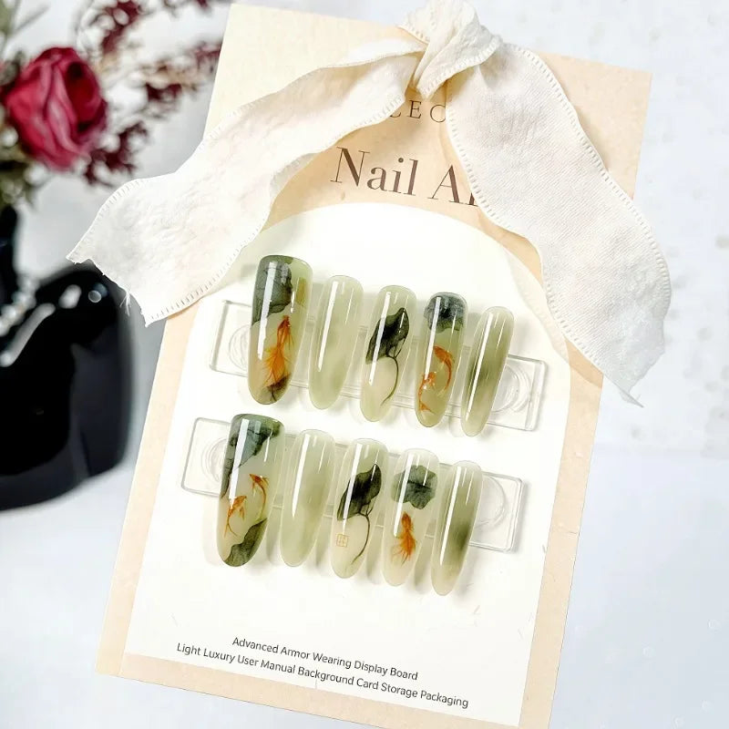 10Pcs Oriental-Themed Press-On Nails with Lotus Leaf,Koi Fish,Bamboo Patterns Crescent Moon Designs Nail Tips for Women&Girls