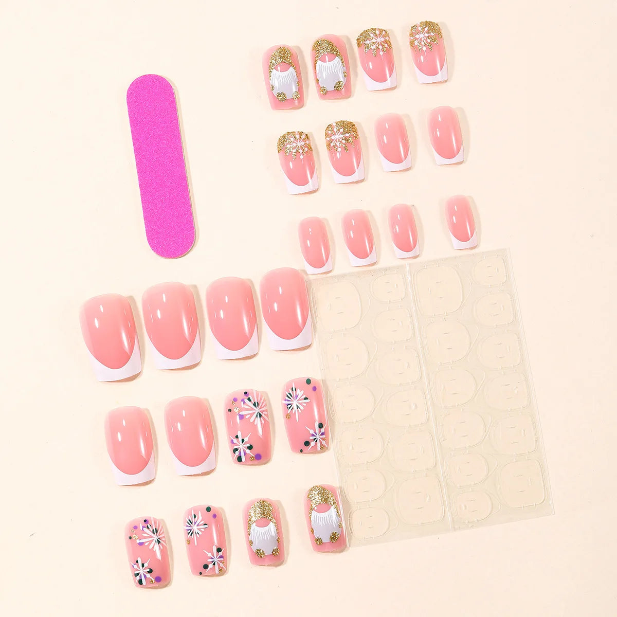Silver French Fake Nails 24Pcs Nude Color Press On Nails Star/Bowknot Designs Short Square Artificial Nails Patches for Women